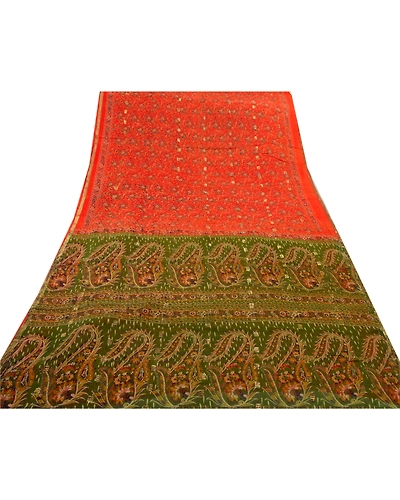 Sanskriti Vintage Orange Indian Sarees Blend Silk Printed Sewing Sari Fabric, PR-41078-Orange-Printed Floral Design-Blend Silk-7
