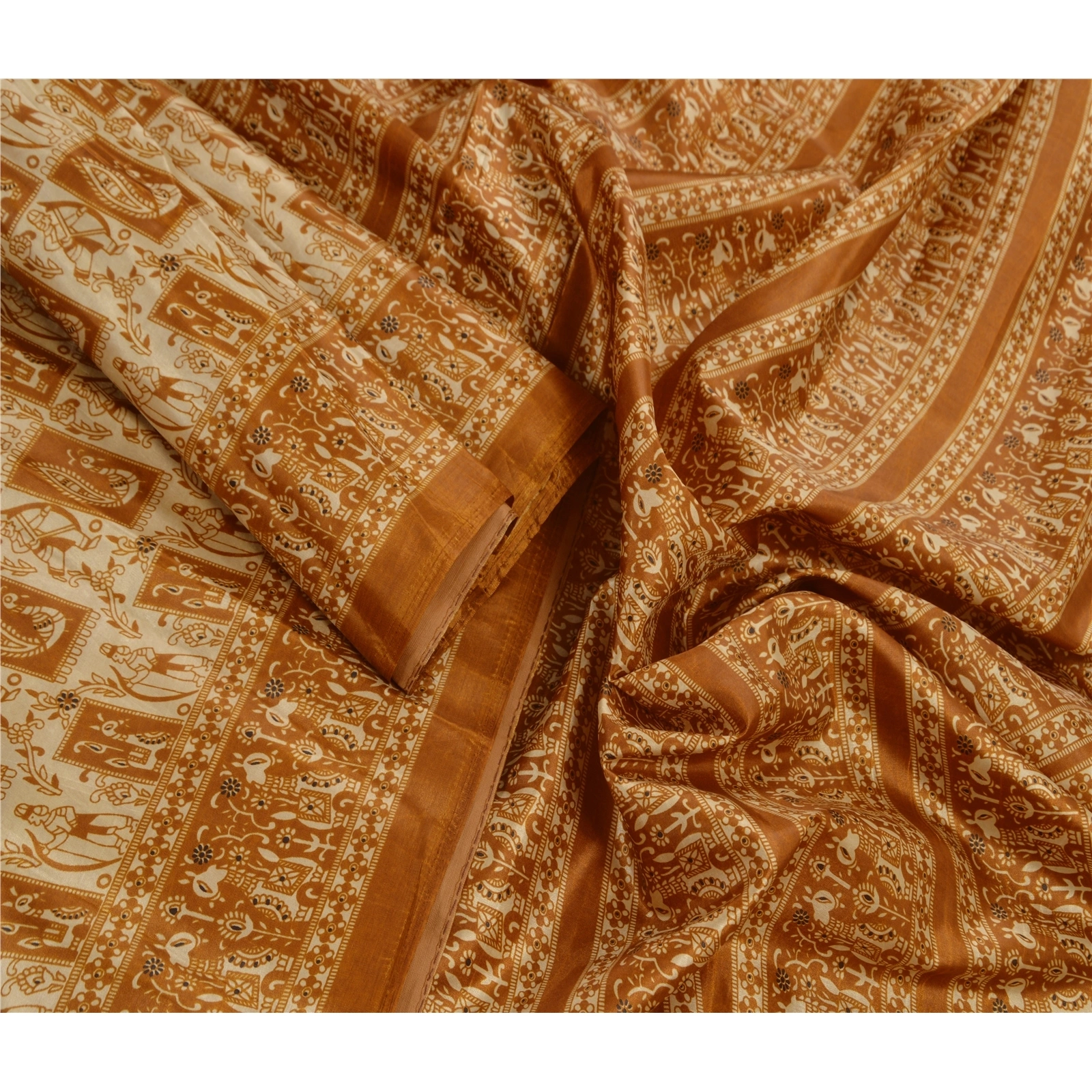 Sanskriti Vintage Sarees Art Silk Printed Sari Craft Cream Ethnic Fabric, PR-41124-Cream-Printed Floral &amp; Animal Design-Art Silk-3