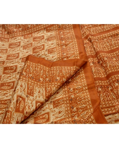 Sanskriti Vintage Sarees Art Silk Printed Sari Craft Cream Ethnic Fabric, PR-41124-Cream-Printed Floral &amp; Animal Design-Art Silk-4