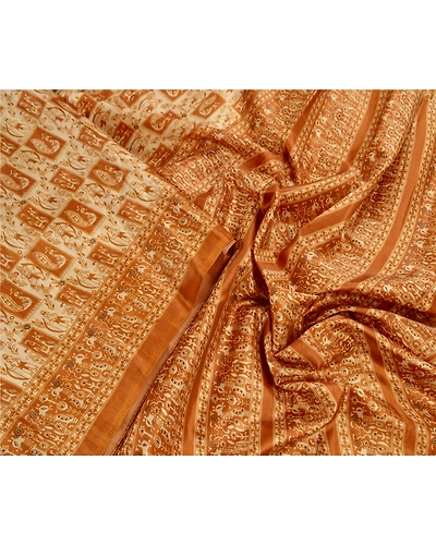 Sanskriti Vintage Sarees Art Silk Printed Sari Craft Cream Ethnic Fabric, PR-41124-Cream-Printed Floral &amp; Animal Design-Art Silk-6