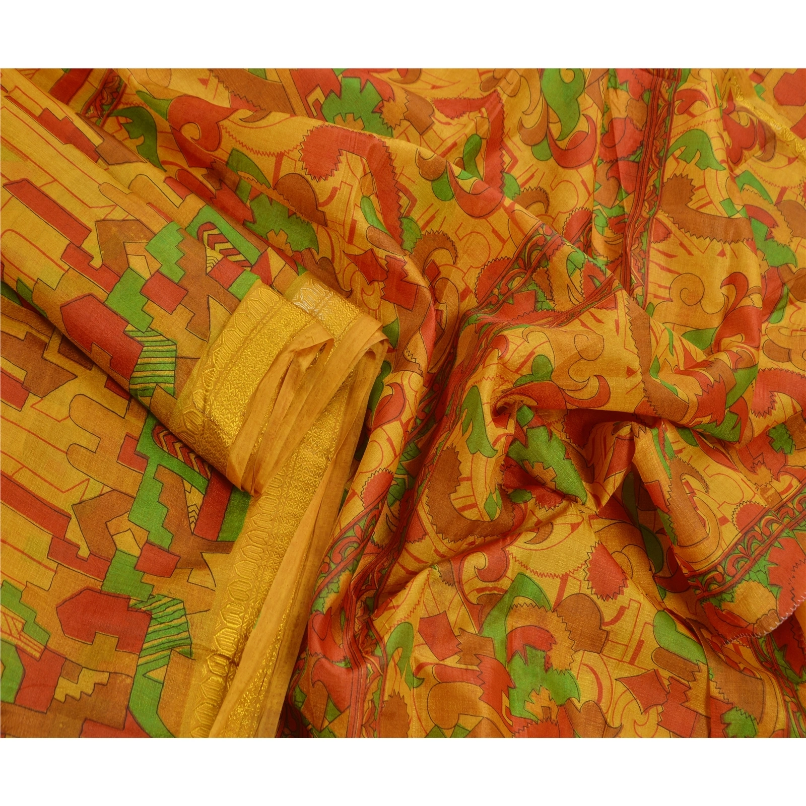 Sanskriti Vintage Yellow Sarees Art Silk Craft Printed Fabric Zari Border Sari, PR-41129-Yellow-Printed Floral Design-Art Silk-3