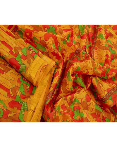 Sanskriti Vintage Yellow Sarees Art Silk Craft Printed Fabric Zari Border Sari, PR-41129-Yellow-Printed Floral Design-Art Silk-3