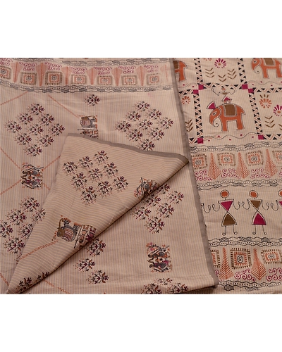 Sanskriti Vintage Art Silk Warli Indian Sarees Grey Block Print Sari 5 Yd Fabric, PR-41249-Grey-Art Silk-1