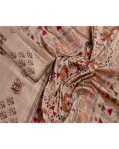 Sanskriti Vintage Art Silk Warli Indian Sarees Grey Block Print Sari 5 Yd Fabric, PR-41249-Grey-Art Silk-4