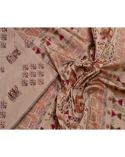 Sanskriti Vintage Art Silk Warli Indian Sarees Grey Block Print Sari 5 Yd Fabric, PR-41249-Grey-Art Silk-6