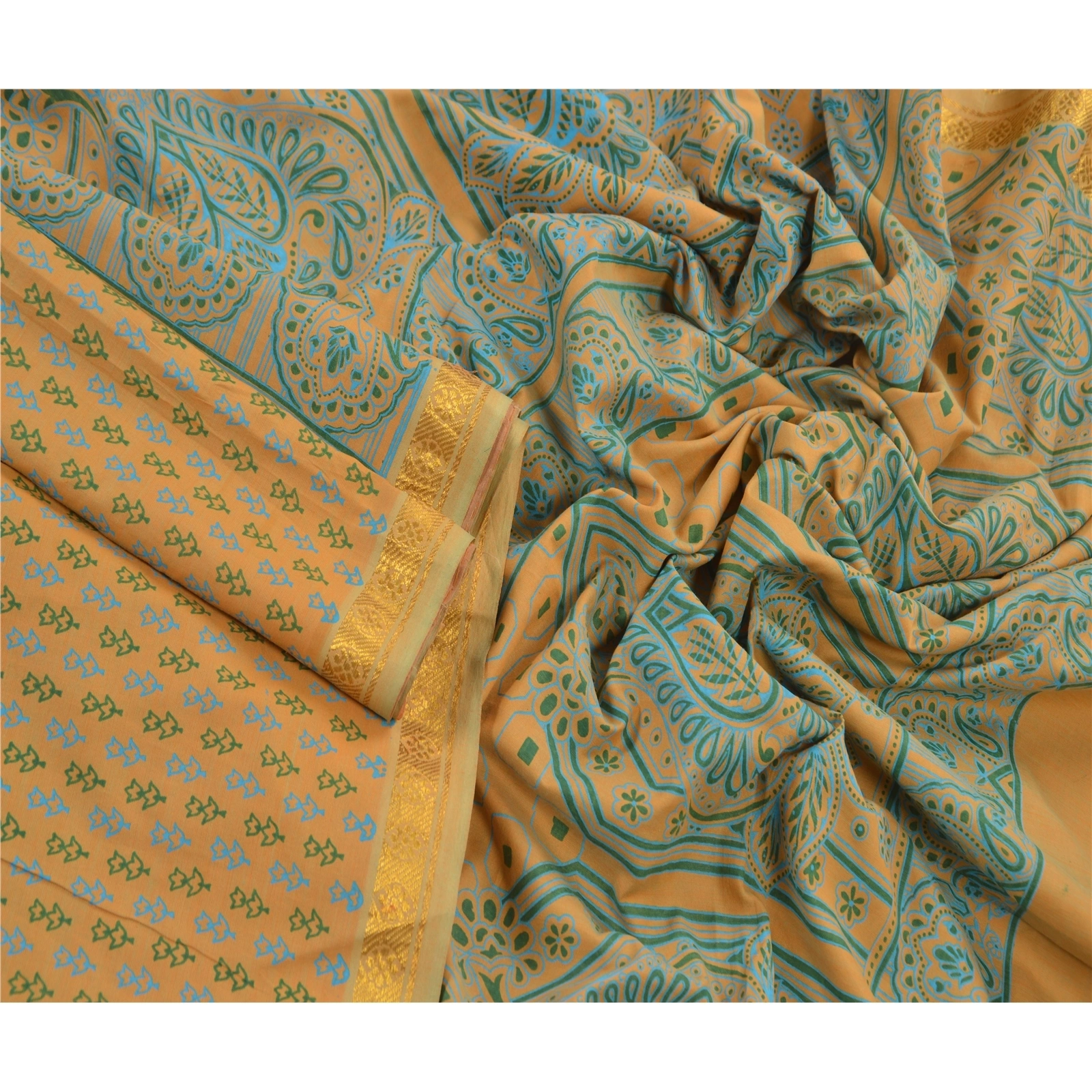 Sanskriti Vintage Saffron Sarees Printed Art Silk Craft Fabric Zari Border Sari, PR-41411-Saffron-Printed Floral Design-Art Silk-3