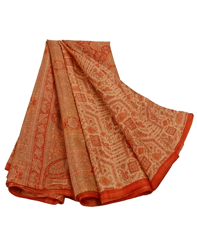 Sanskriti Vintage Cream Sarees Art Silk Printed Floral Sewing Sari Craft Fabric, PR-42554-Cream-Printed Work-Art Silk-1