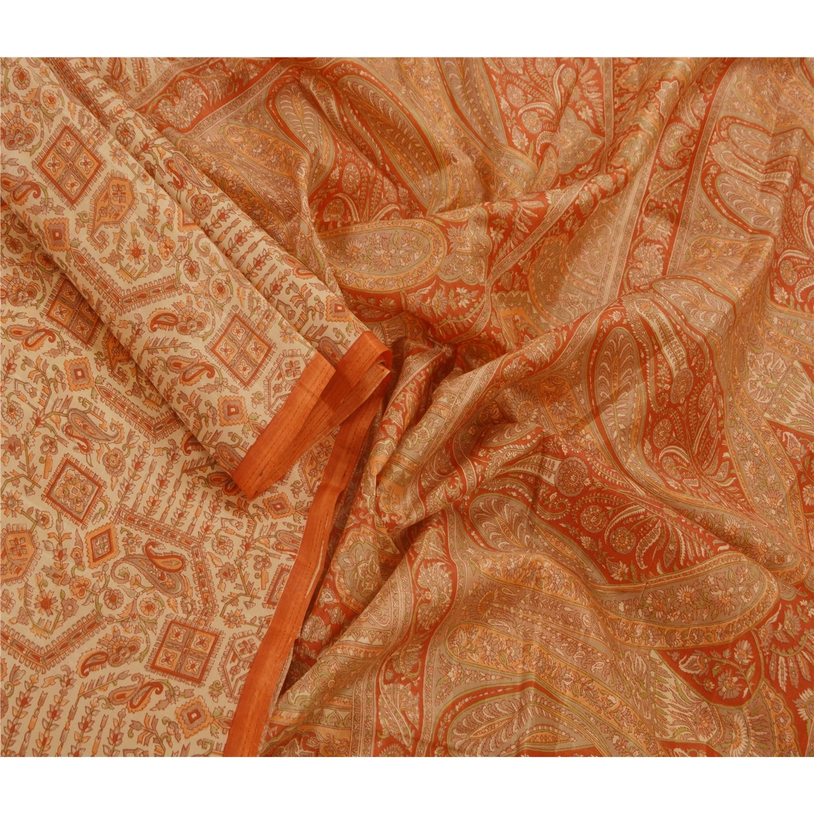 Sanskriti Vintage Cream Sarees Art Silk Printed Floral Sewing Sari Craft Fabric, PR-42554-Cream-Printed Work-Art Silk-3