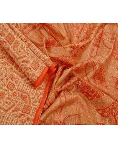 Sanskriti Vintage Cream Sarees Art Silk Printed Floral Sewing Sari Craft Fabric, PR-42554-Cream-Printed Work-Art Silk-3