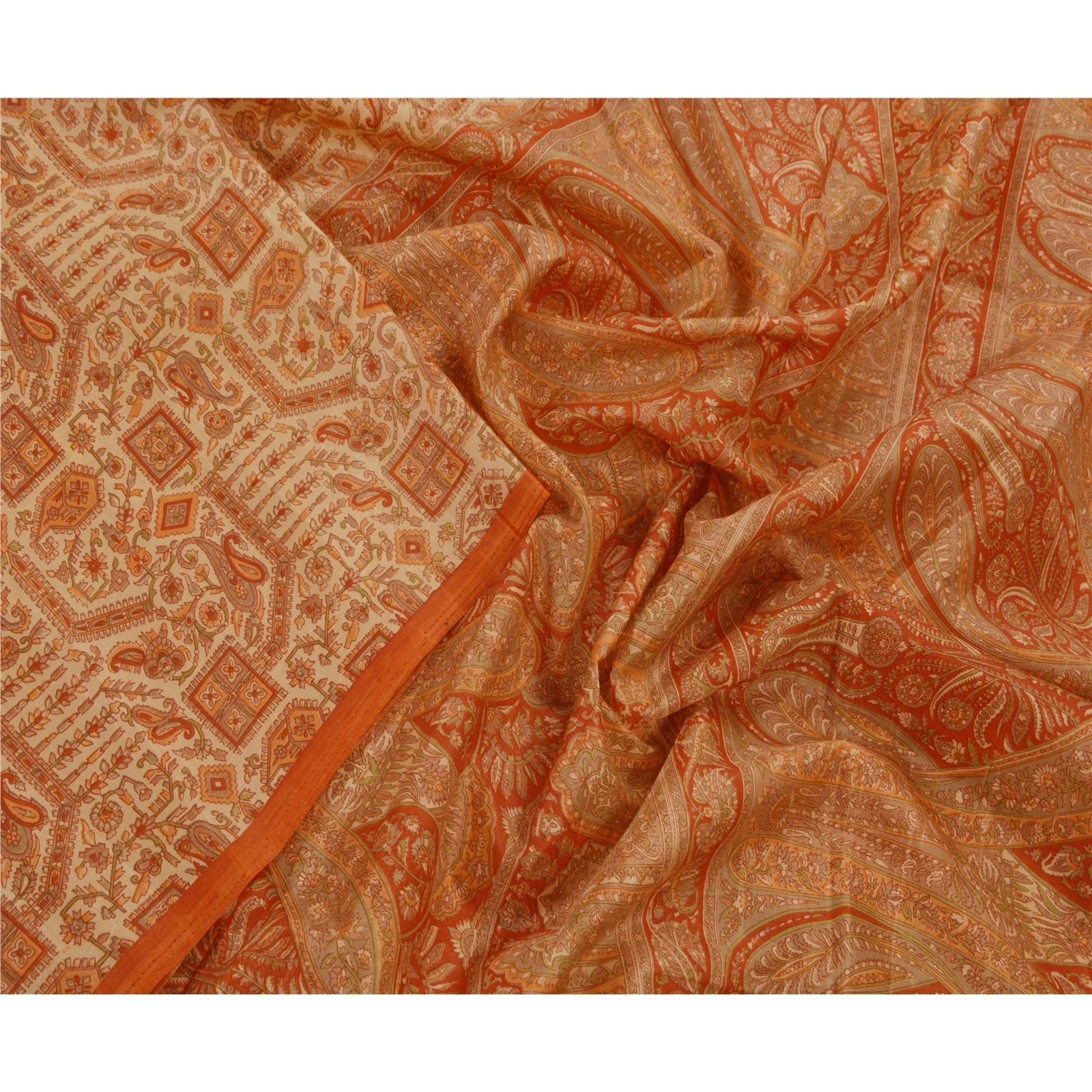 Sanskriti Vintage Cream Sarees Art Silk Printed Floral Sewing Sari Craft Fabric, PR-42554-Cream-Printed Work-Art Silk-6