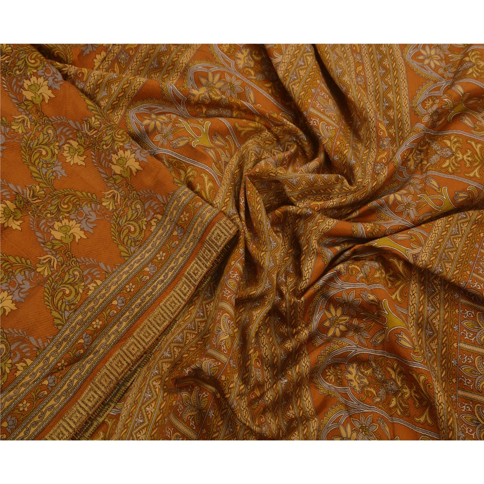 Sanskriti Vintage Orange Sarees Art Silk Printed Craft Sewing Fabric 5 Yard Sari, PR-42979-Orange-Art Silk-4