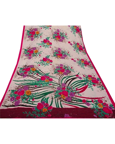 Sanskriti Vintage White Sarees Art Silk Printed Craft Fabric 5 Yard Indian Sari, PR-43075-White-Art Silk-6