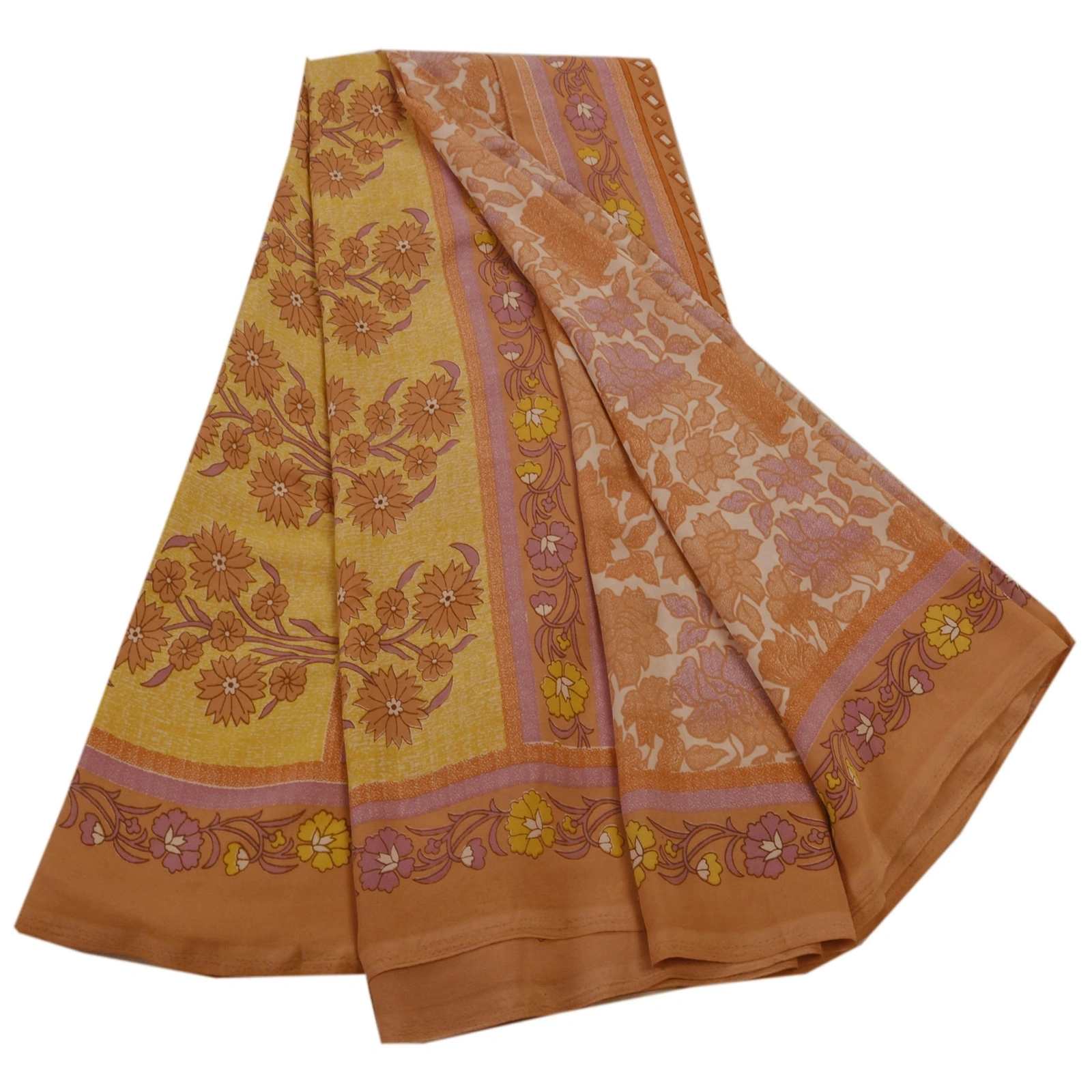 Sanskriti Vintage Brown Indian Sari Art Silk Printed Craft Fabric 5 Yard Sarees, PR-43274-Brown-Art Silk-2