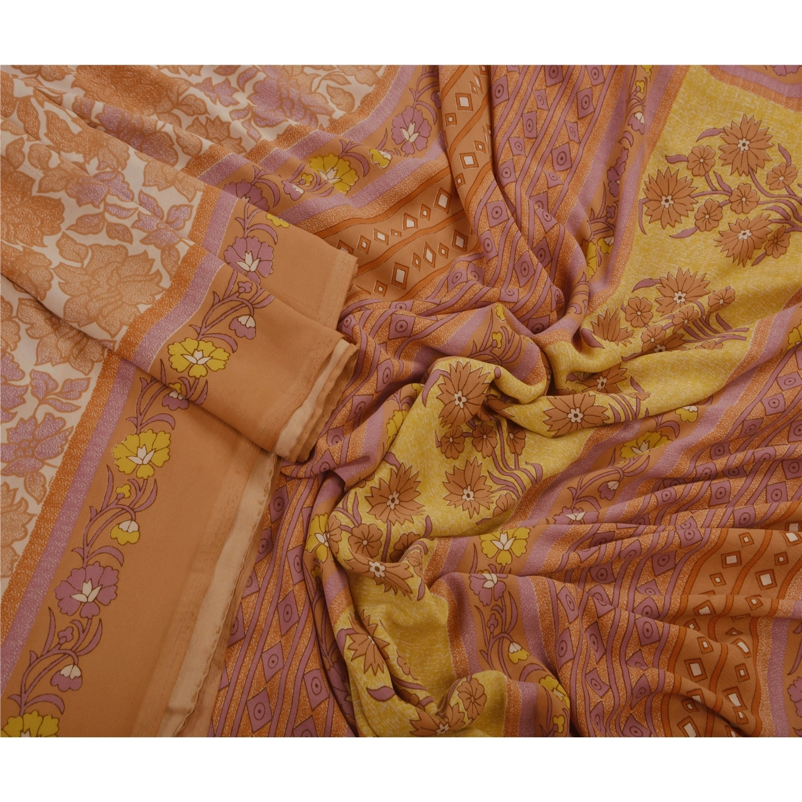 Sanskriti Vintage Brown Indian Sari Art Silk Printed Craft Fabric 5 Yard Sarees, PR-43274-Brown-Art Silk-3