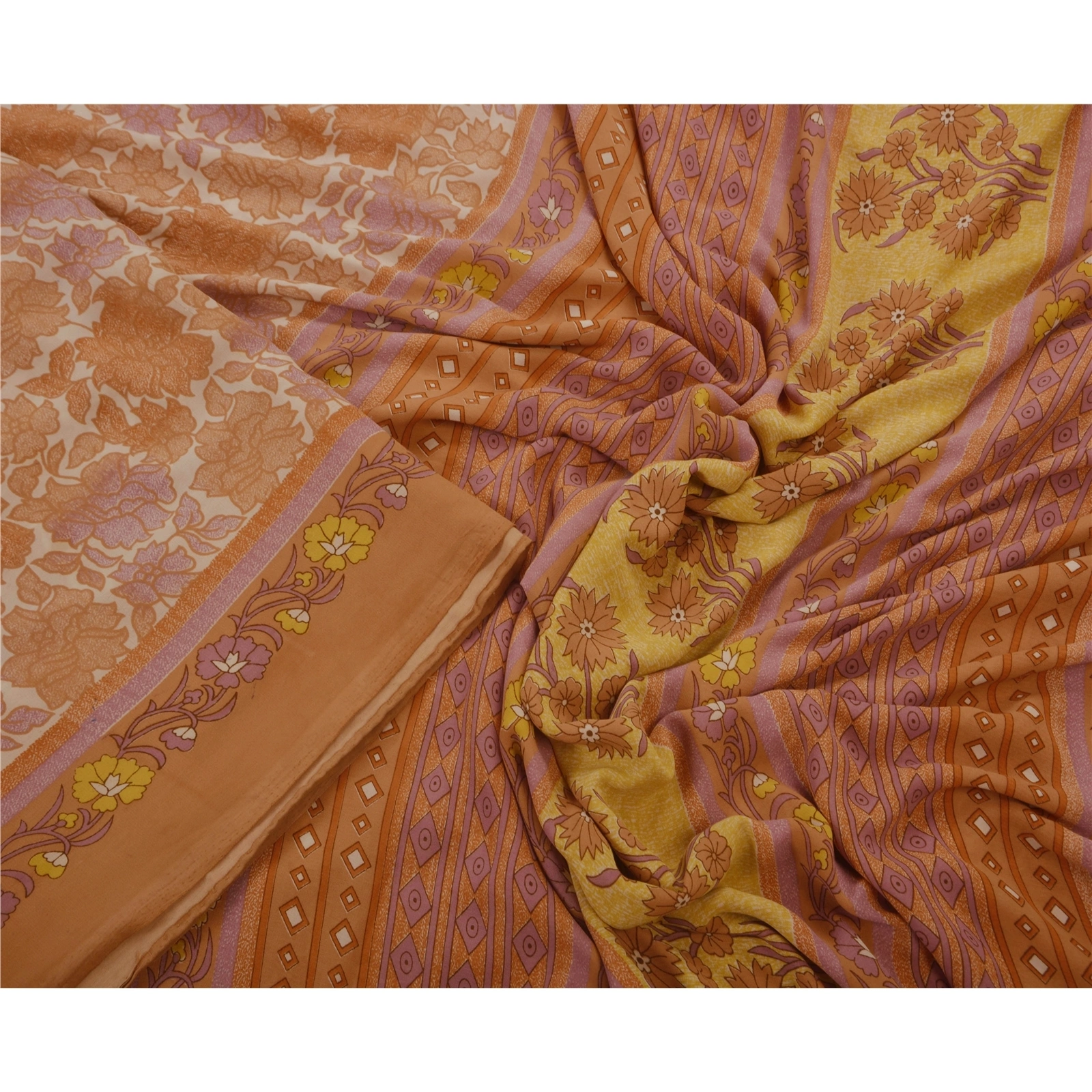 Sanskriti Vintage Brown Indian Sari Art Silk Printed Craft Fabric 5 Yard Sarees, PR-43274-Brown-Art Silk-5