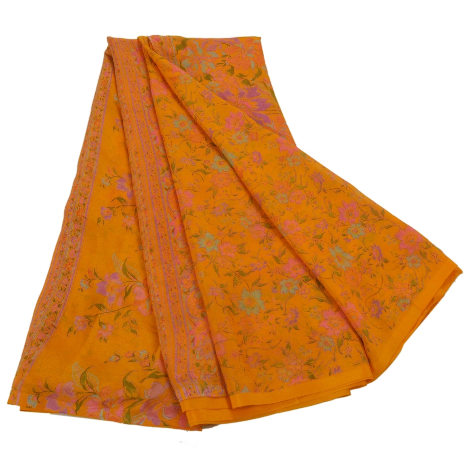 Sanskriti Vintage Art Silk Orange Indian Sarees Printed Sarees Craft 5 Yd Fabric, PR-43535-Orange-Art Silk-1