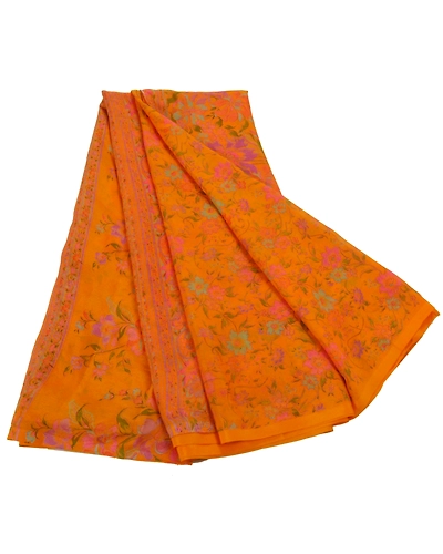 Sanskriti Vintage Art Silk Orange Indian Sarees Printed Sarees Craft 5 Yd Fabric, PR-43535-Orange-Art Silk-1