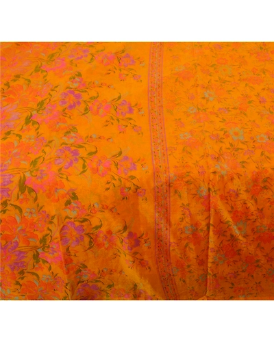 Sanskriti Vintage Art Silk Orange Indian Sarees Printed Sarees Craft 5 Yd Fabric, PR-43535-Orange-Art Silk-2