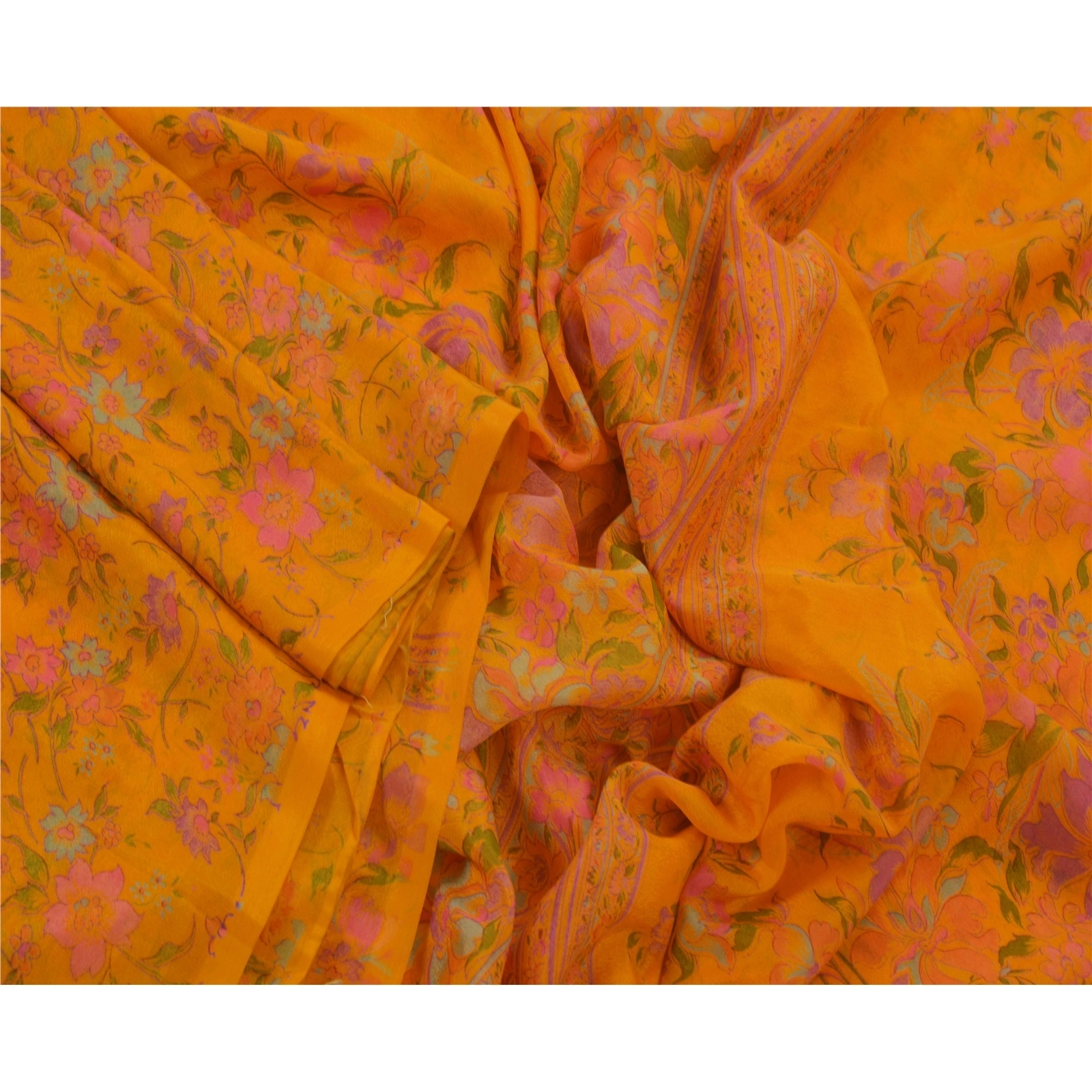 Sanskriti Vintage Art Silk Orange Indian Sarees Printed Sarees Craft 5 Yd Fabric, PR-43535-Orange-Art Silk-3