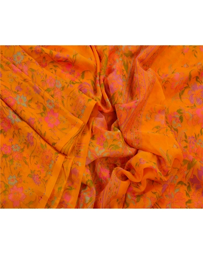 Sanskriti Vintage Art Silk Orange Indian Sarees Printed Sarees Craft 5 Yd Fabric, PR-43535-Orange-Art Silk-3