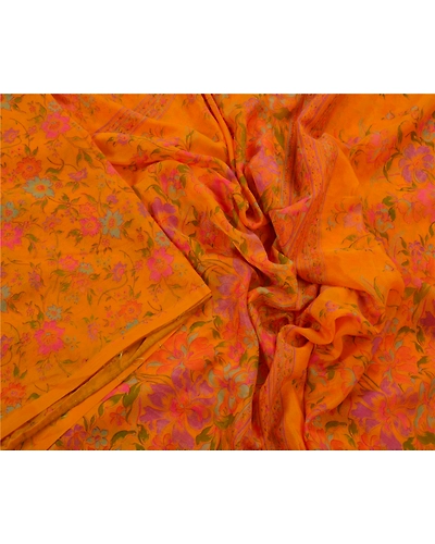 Sanskriti Vintage Art Silk Orange Indian Sarees Printed Sarees Craft 5 Yd Fabric, PR-43535-Orange-Art Silk-4