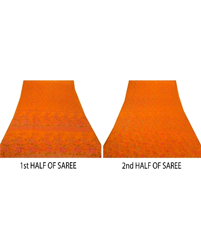 Sanskriti Vintage Art Silk Orange Indian Sarees Printed Sarees Craft 5 Yd Fabric, PR-43535-Orange-Art Silk-5