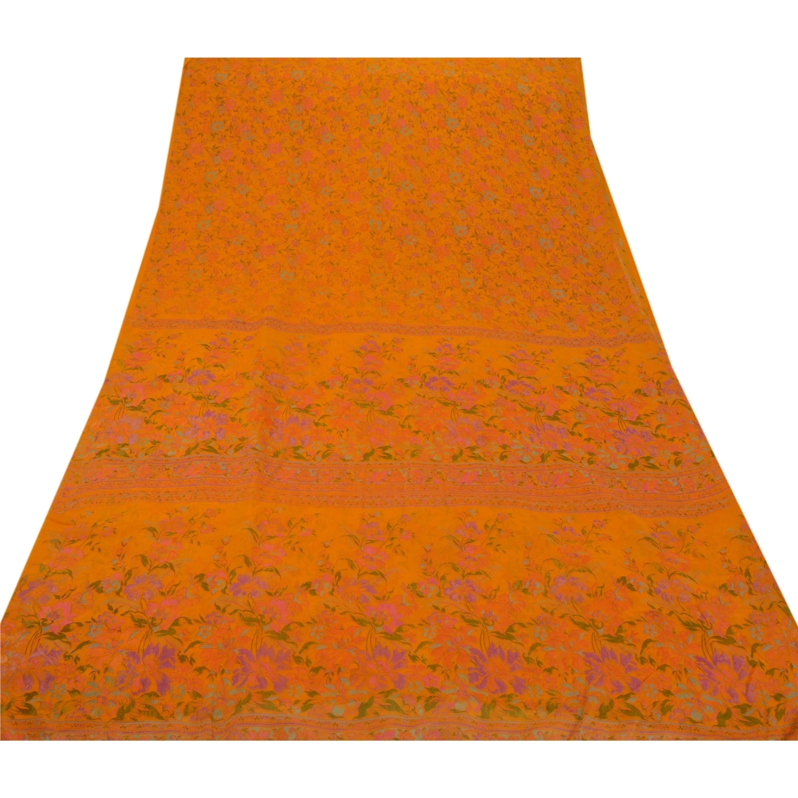 Sanskriti Vintage Art Silk Orange Indian Sarees Printed Sarees Craft 5 Yd Fabric, PR-43535-Orange-Art Silk-6