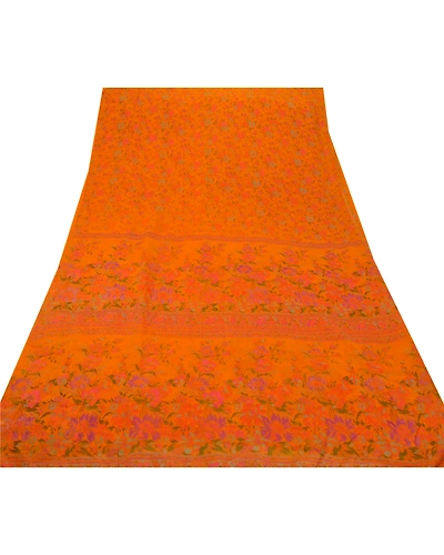 Sanskriti Vintage Art Silk Orange Indian Sarees Printed Sarees Craft 5 Yd Fabric, PR-43535-Orange-Art Silk-6