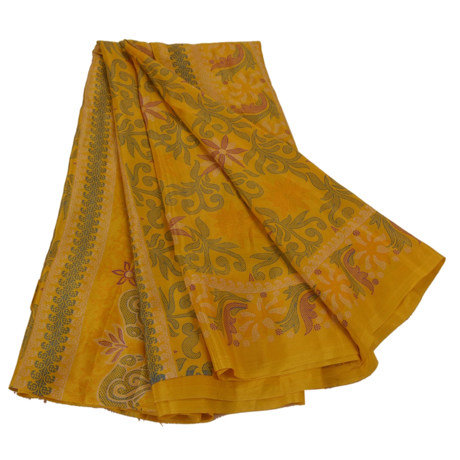 Sanskriti Vintage Yellow Indian Sari Art Silk Printed Craft Sarees 5 Yard Fabric, PR-44094-Yellow-Art Silk-2