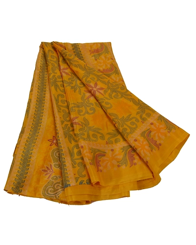 Sanskriti Vintage Yellow Indian Sari Art Silk Printed Craft Sarees 5 Yard Fabric, PR-44094-Yellow-Art Silk-2