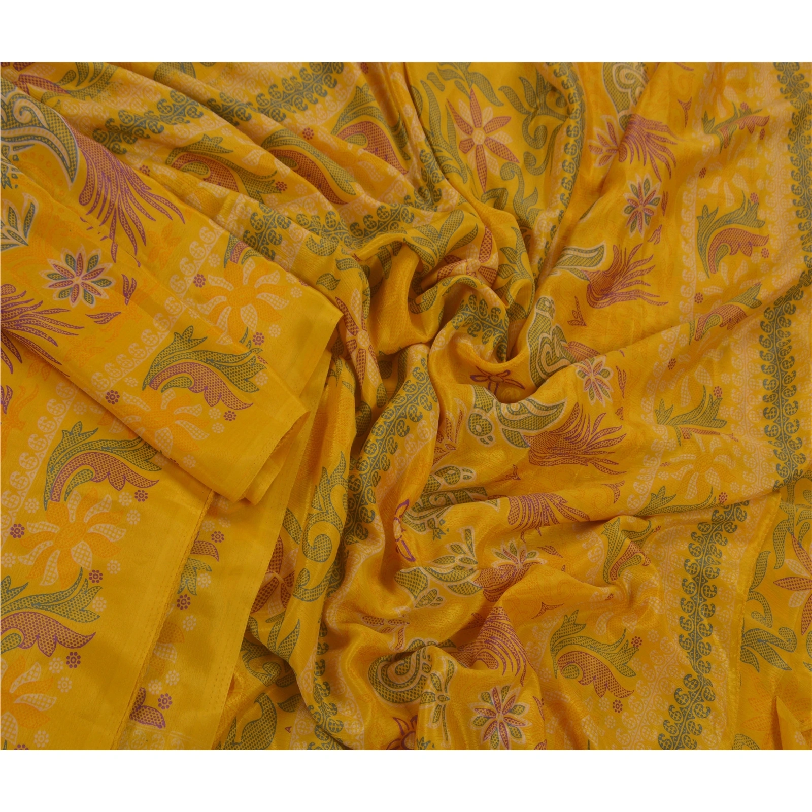 Sanskriti Vintage Yellow Indian Sari Art Silk Printed Craft Sarees 5 Yard Fabric, PR-44094-Yellow-Art Silk-3