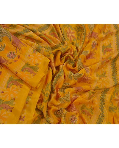 Sanskriti Vintage Yellow Indian Sari Art Silk Printed Craft Sarees 5 Yard Fabric, PR-44094-Yellow-Art Silk-3