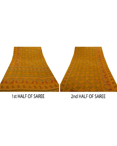 Sanskriti Vintage Yellow Indian Sari Art Silk Printed Craft Sarees 5 Yard Fabric, PR-44094-Yellow-Art Silk-4