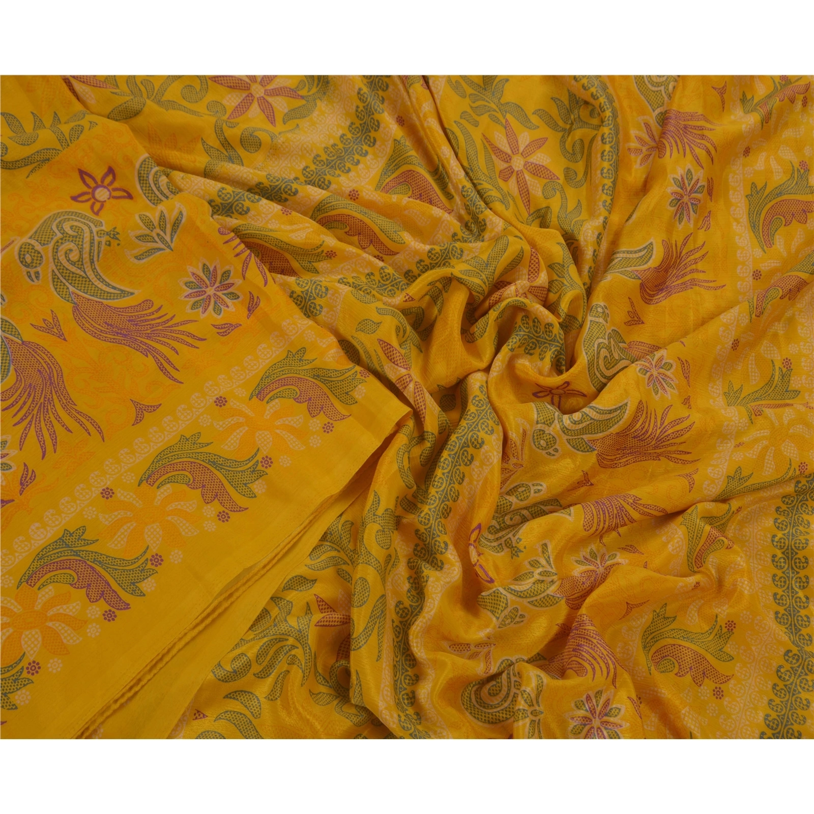 Sanskriti Vintage Yellow Indian Sari Art Silk Printed Craft Sarees 5 Yard Fabric, PR-44094-Yellow-Art Silk-5