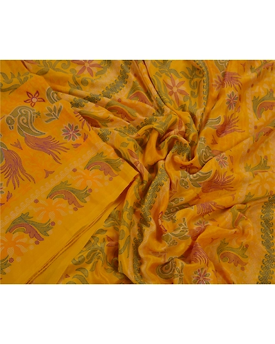 Sanskriti Vintage Yellow Indian Sari Art Silk Printed Craft Sarees 5 Yard Fabric, PR-44094-Yellow-Art Silk-5