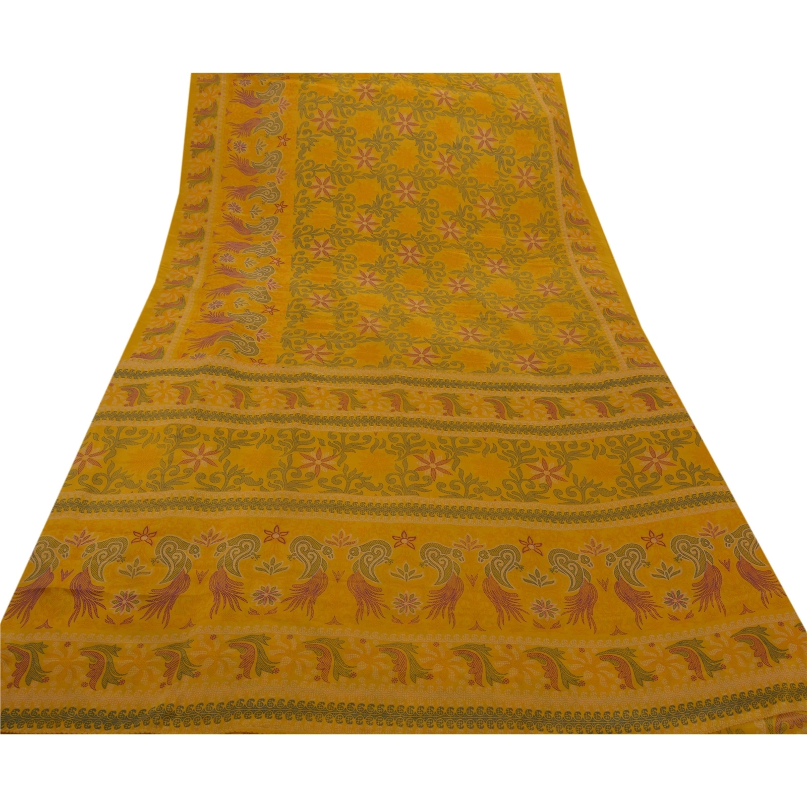 Sanskriti Vintage Yellow Indian Sari Art Silk Printed Craft Sarees 5 Yard Fabric, PR-44094-Yellow-Art Silk-6