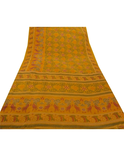 Sanskriti Vintage Yellow Indian Sari Art Silk Printed Craft Sarees 5 Yard Fabric, PR-44094-Yellow-Art Silk-6