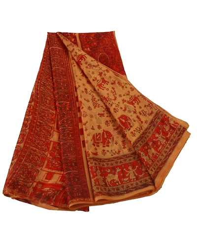 Sanskriti Vintage Peach Indian Sari Art Silk Printed Craft 5 Yard Sarees Fabric, PR-44226-Peach-Art Silk-1