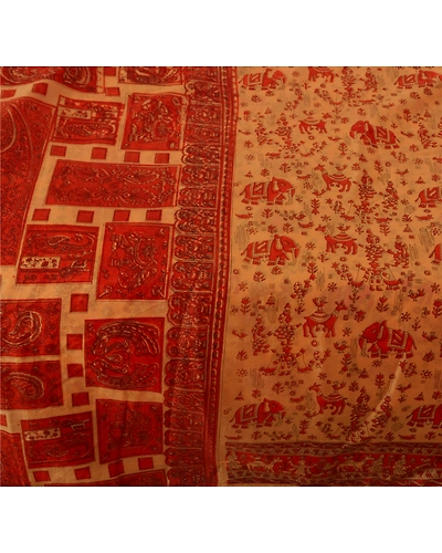 Sanskriti Vintage Peach Indian Sari Art Silk Printed Craft 5 Yard Sarees Fabric, PR-44226-Peach-Art Silk-2