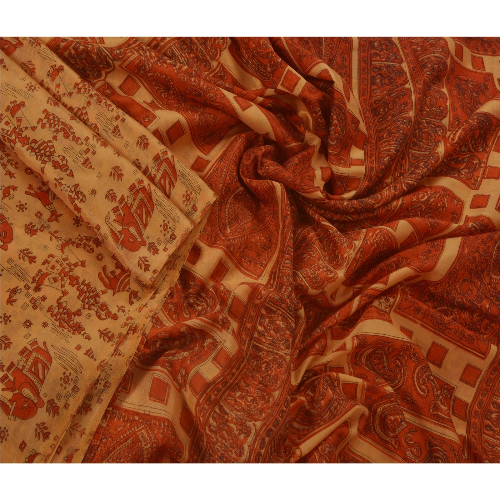 Sanskriti Vintage Peach Indian Sari Art Silk Printed Craft 5 Yard Sarees Fabric, PR-44226-Peach-Art Silk-3