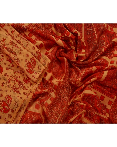 Sanskriti Vintage Peach Indian Sari Art Silk Printed Craft 5 Yard Sarees Fabric, PR-44226-Peach-Art Silk-3