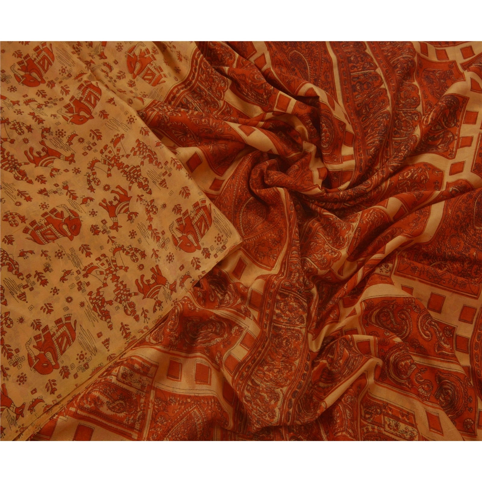 Sanskriti Vintage Peach Indian Sari Art Silk Printed Craft 5 Yard Sarees Fabric, PR-44226-Peach-Art Silk-4