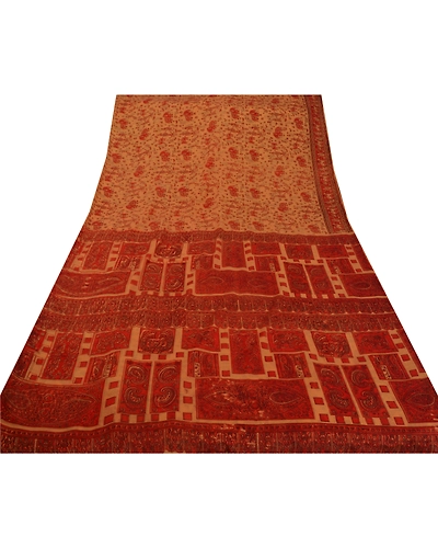Sanskriti Vintage Peach Indian Sari Art Silk Printed Craft 5 Yard Sarees Fabric, PR-44226-Peach-Art Silk-6