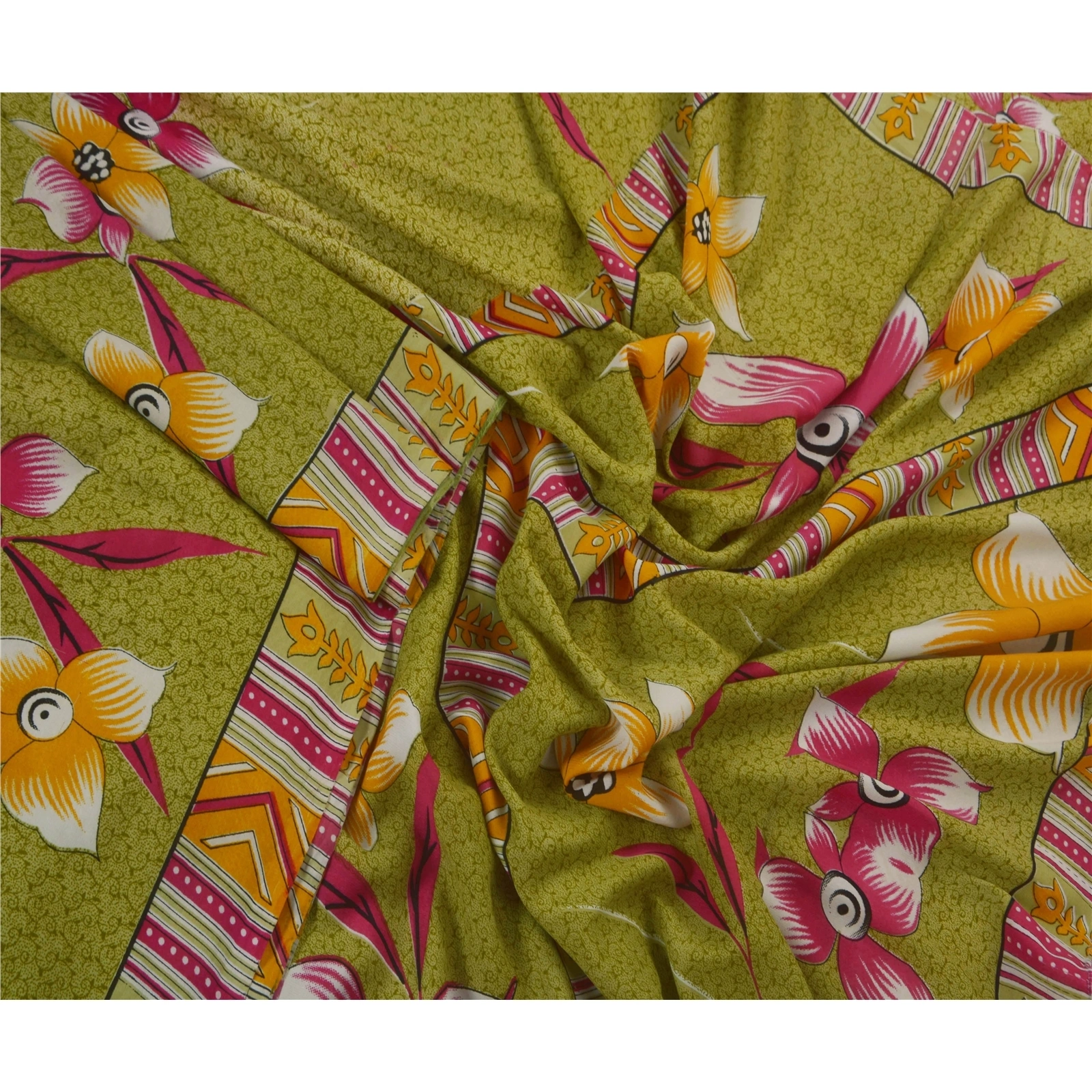 Sanskriti Vintage Green Sarees Art Silk Floral Printed Craft Fabric 5 Yard Sari, PR-44510-Green-Art Silk-3