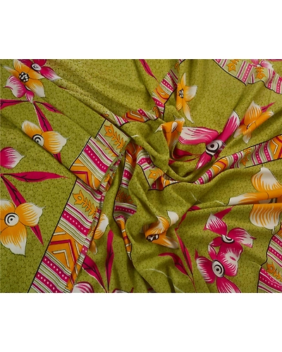 Sanskriti Vintage Green Sarees Art Silk Floral Printed Craft Fabric 5 Yard Sari, PR-44510-Green-Art Silk-3