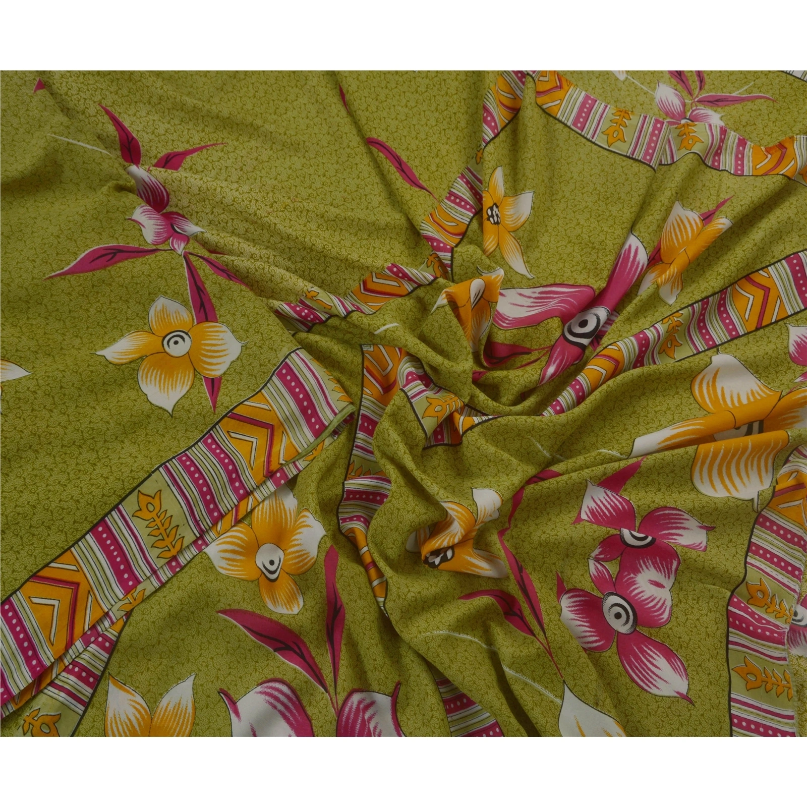 Sanskriti Vintage Green Sarees Art Silk Floral Printed Craft Fabric 5 Yard Sari, PR-44510-Green-Art Silk-4