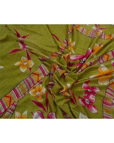 Sanskriti Vintage Green Sarees Art Silk Floral Printed Craft Fabric 5 Yard Sari, PR-44510-Green-Art Silk-4