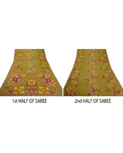 Sanskriti Vintage Green Sarees Art Silk Floral Printed Craft Fabric 5 Yard Sari, PR-44510-Green-Art Silk-5