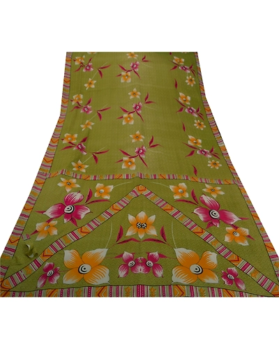 Sanskriti Vintage Green Sarees Art Silk Floral Printed Craft Fabric 5 Yard Sari, PR-44510-Green-Art Silk-6
