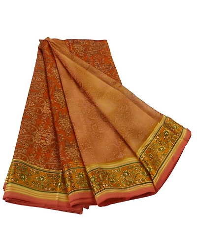Sanskriti Vintage Orange Sarees Art Silk Indian Sari Printed Craft 5 Yard Fabric, PR-44549-Orange-Art Silk-1
